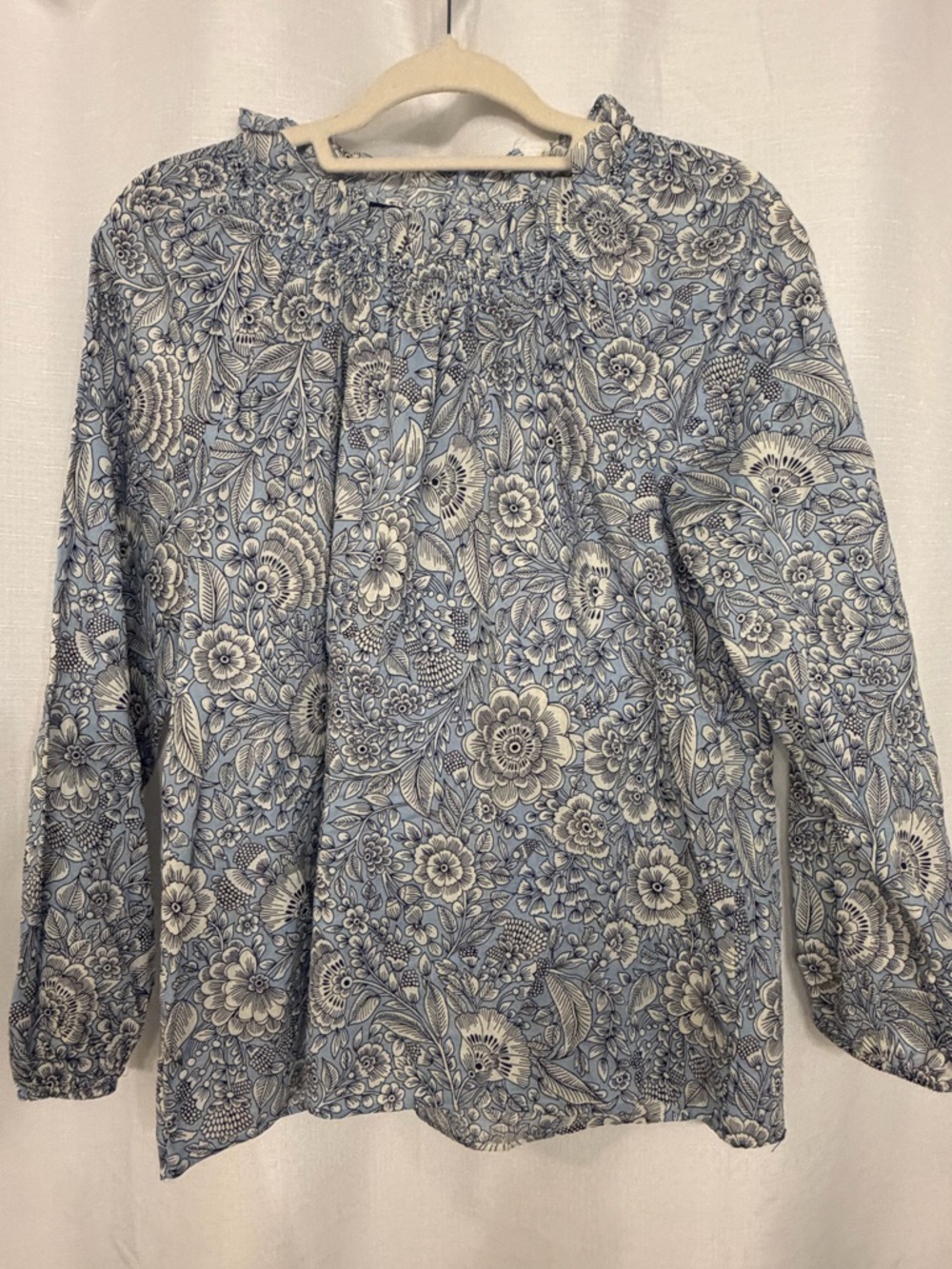 Talbots Blue White Floral Smocked Neck Blouse Long Sleeve M NWT